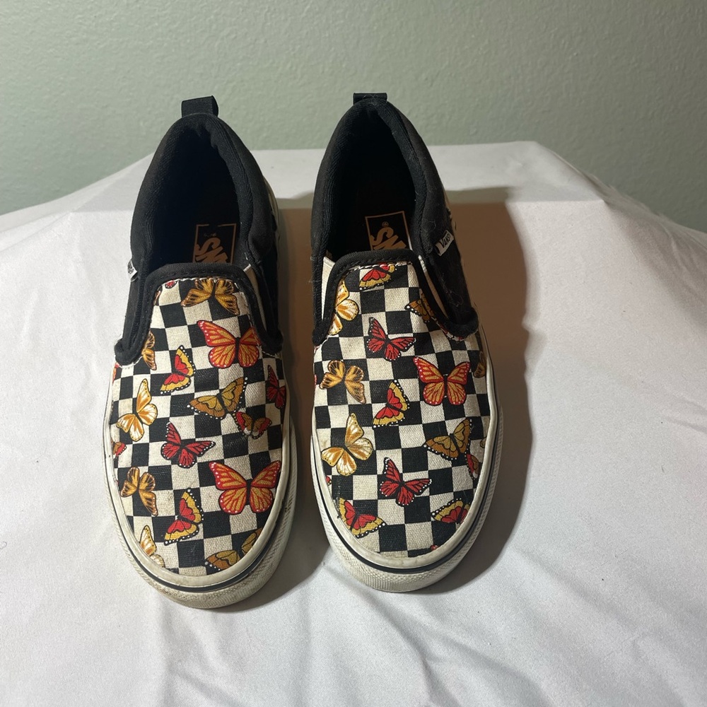 Vans Black and White Checkerboard Slip-Ons with Red and Orange Butterflies